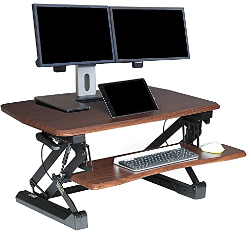 Seville Classics AIRLIFT 36' Gas-Spring Height Adjustable Standing Desk Converter Workstation Ergonomic Dual Monitor Riser with Keyboard Tray and Phone/Tablet Holder, Walnut
