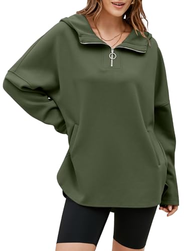EVALESS Womens Hoodies 2025 Fashion Trendy Casual V Neck Long Sleeve Fall Winter Zip Up Basic Athletic Workout Oversized Sweatshirt Pullover Clothes,Pickle Green Medium
