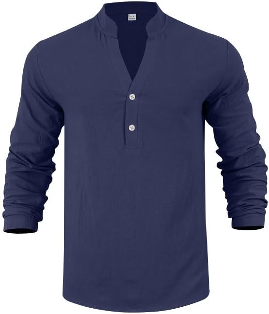 Mens Linen Henley Shirts Casual Long Sleeve Hippie Yoga Tops Lightweight Summer Beach T-Shirt - Image 7