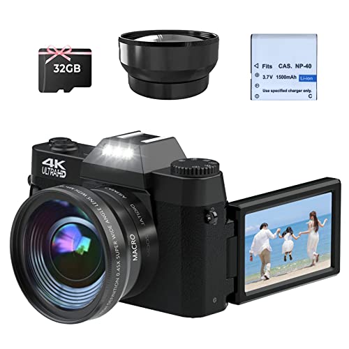 CCN Digitalkamera 4K 48MP, Fotokamera mit 180° Flip 3.0' Bildschirm, 16X Digitalzoom Kompaktkamera, 64GB TF-Karte, mit Macro Linse und Weitwinkel Linse, WiFi-Funktionalität, Upgrade-Version, Schwarz