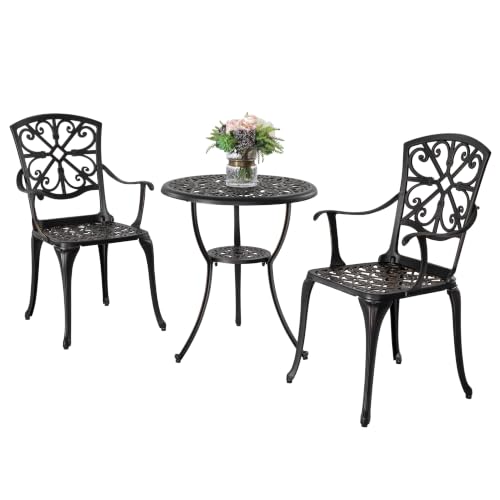 Image of NUU GARDEN 3 Piece Outdoor Bistro Set Cast Aluminum Patio Set Bistro Table Set Rustproof Patio Table and Chairs with Umbrella Hole for Backyard, Balcony, Front Porch, Black