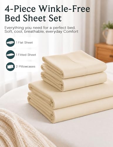 Image of LuxClub 4 PC Queen Sheet Set, Queen Size, Deep Pockets 18 inch Wrinkle Free Cooling Bed Sheets Machine Washable Hotel Bedding Silky Soft - Cream Queen
