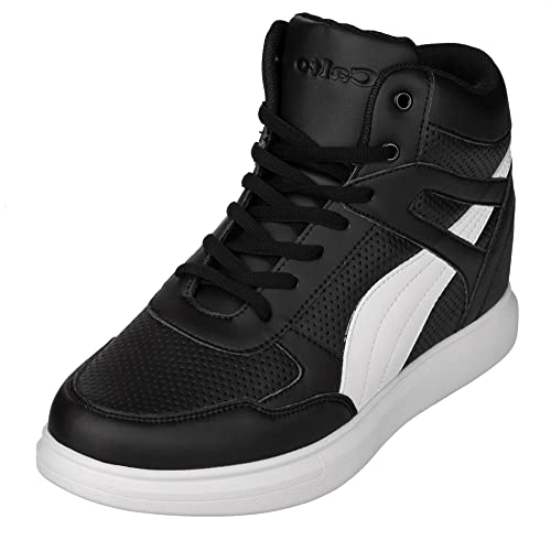 CALTO Men's Invisible Height Increasing Elevator Shoes - Black Leather Lace-up High-top Fashion Sneakers - 3.8 Inches Taller - H71901 - Size 9 D(M) US