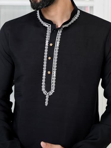 Image of See Designs Men's Full Sleeve Mandarin Collar Sequins Embroidered Chanderi Straight Long Kurta with Yoke Design - Festive Collection