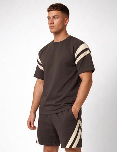 Image of CHKOKKO Men's Co-Ord Set Premium Cotton Blend Oversized T-Shirt & Shorts Cord Set with Side Pockets Round Neck Half Sleeves Solid with Contrasting Stripes Summer or Casual Wear