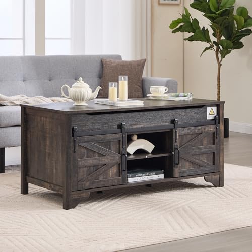 48" W Lift Top Coffee Table with Sliding Barn Door Rustic Rectangle Storage Coffee Tables, Wood Center Table with Hidden Storage Compartment for Home, Office, White and Brown