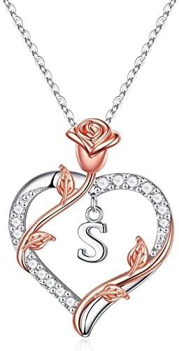 Anniversary Birthday Gifts for Her Women Wife, Letter S Initial Necklaces Rose Flower Love Heart Pendant Necklace Christmas I Love You Anniversary Birthday Valentines Gifts for Her Girlfriend Wife Mom Daughter Teenage Girls Teen Jewelry