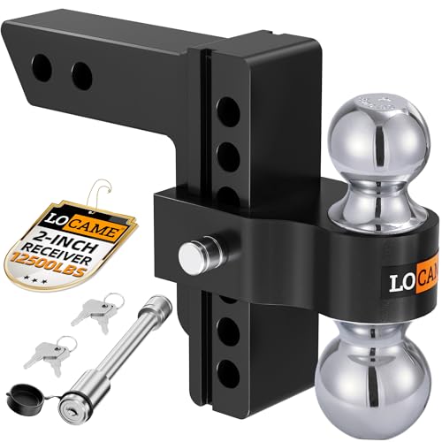 LOCAME Adjustable Trailer Hitch, Fits 2-Inch Receiver, 6-Inch Drop/Rise Aluminum Drop Hitch,12,500 LBS GTW-Tow Hitch for Heavy Duty Truck with Double Stainless Steel Locks, Black, LC0024