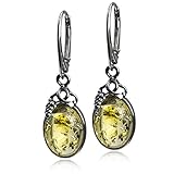 Pendientes de plata de ley de ámbar limón con diseño de hojas de uva pequeñas.