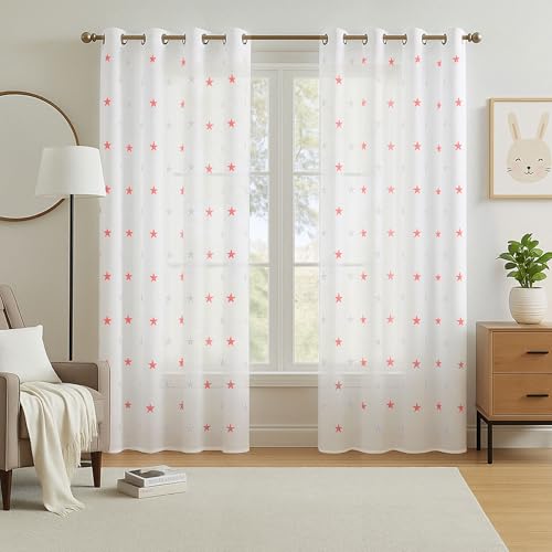 Deconovo Stores Gardinen Vorhang Transparent Ösen Vorhänge Kinderzimmer Dekosachals Leinenoptik Stern, 240x140 cm(HöhexBreite), Orange, 2er Set