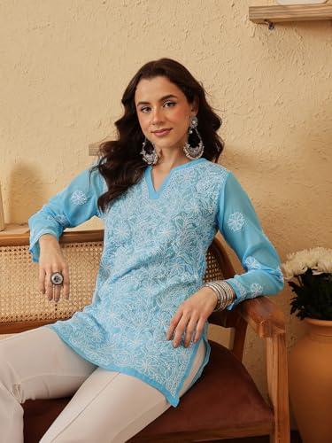 Image of Ada Women's Georgette Regular Fit Chikankari Hand Embroidered Lucknow Short Kurti Top A911224
