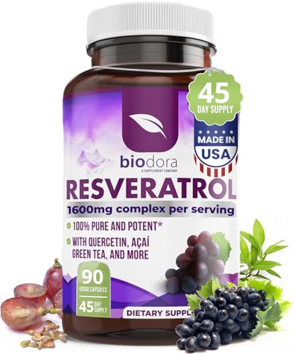 Image of Resveratrol 1600mg - 90 Capsules | Trans-Resveratrol Antioxidant Supplement with Natural Green Tea, Grape Seed Polyphenols & Quercetin, Supports Digestive, Heart Health, Immune System, Brain Function