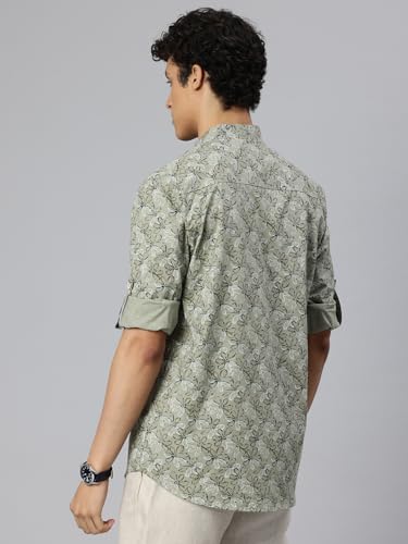 Image of Majestic Man Men's Pure Cotton Printed Mandarin Collar Regular Fit Roll-Up Sleeves Short Kurta