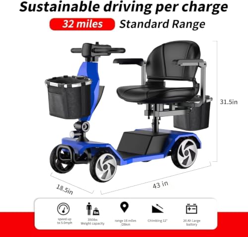 Image of 20A &32 Miles Electric Mobility Scooter for Adults, Elderly. Wheelchair Device for Travel. Capacity 350 lbs, 350W Mobility Scooters for Seniors with Removable Battery and Two Baskets (Y3-BLUE2)