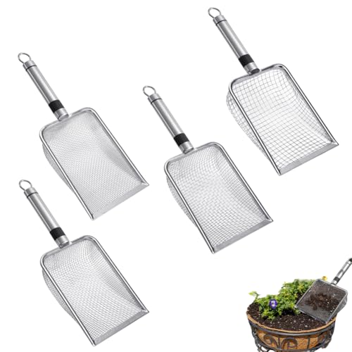 Ruioomeep Lot de 4 tamis de jardin en acier inoxydable - Maille fine de 2/2,8/3,8/5 mm - Avec poignée - Multifonctionnel - Pour le jardin, le sable, la terre, le compost - Outil de jardin