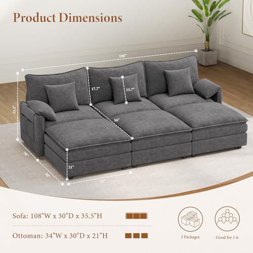 Image of Vesgantti 108 inch Sectional Sleeper Sofa, 6-Seater Oversized Modular Cloud Couch with Movable Ottoman, Chenille Large Sofa Bed Convertible Deep Seat Couches for Living Room, Bedroom and Apartment, Gray