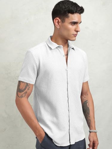 Image of Zombom Men's Poly Cotton Textured Short Sleeve Shirt | Slim Fit Casual Wear | Premium Stretch Fabric | Button Down Collar | Stylish Party Shirt for Men