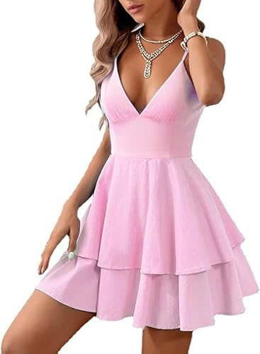 Vimagcal Women's Backless Bow Tie Short Dress V Neck Summer Models Sexy Halter Dresses Pink