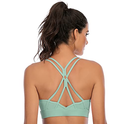 Donason Sport-BH für Damen, Crisscross Back Leichte Träger Damen Yoga BHs Stützweste mit abnehmbaren gepolsterten Körbchen, Grün , Medium Cover
