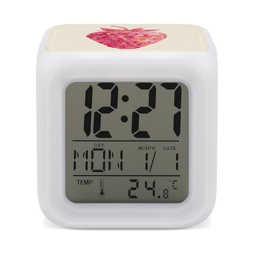 Image of Strawberry Mosaic Digital Alarm Clock with Temperature Calendar 7 Change Color Lights Funny Night Light
