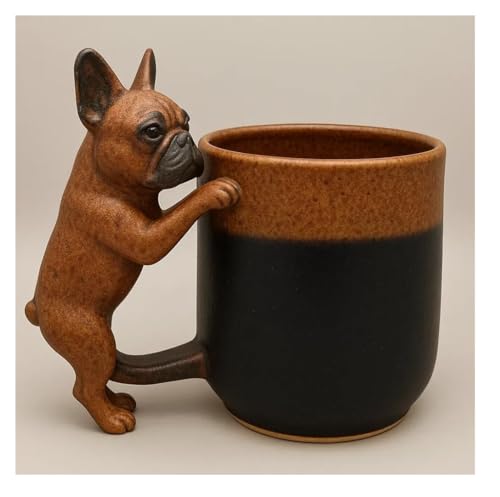 Handgefertigte Dackel-Tasse, Lustige 3D-Tierform Kaffeetasse, Dackel D Französische Bulldogge & Basset-Hound Henkel Kaffeetasse für Zuhause Küche Wohnzimmer Büro Dekor (Französische Bulldogge)