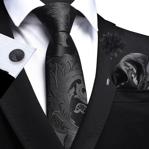 Image of GUSLESON Paisley Tie Set for Men 3.15 inch Necktie Lapel Pin Hankerchief Cufflinks Set for Men