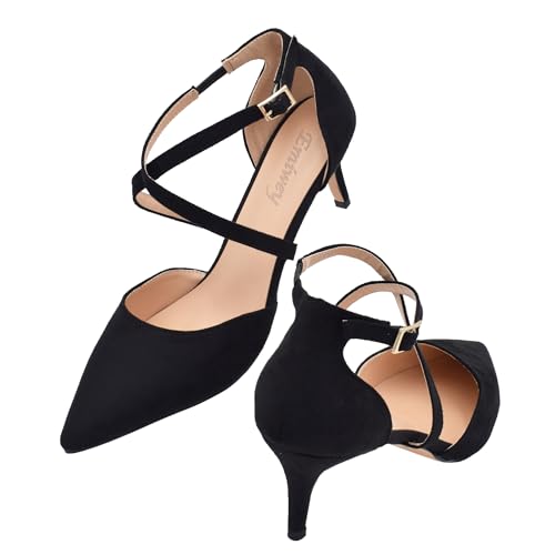 Women's Classic Cross Strap Pointed Toe Low Heel Pumps Dress Party Office Shoes4
