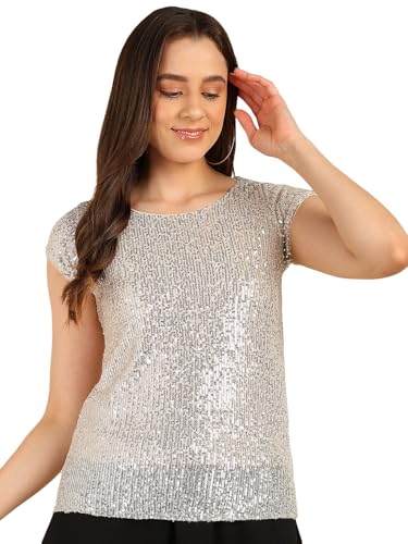 Image of Women's Beige Casual Dazzling Round Neck Embellished Sequin Party Top