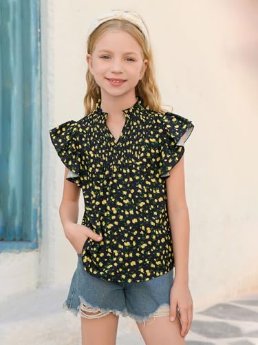 Image of Haloumoning Girls Ruffle Short Sleeve Floral Chiffon Blouses Kids Summer Shirts Tops 5-14 Years