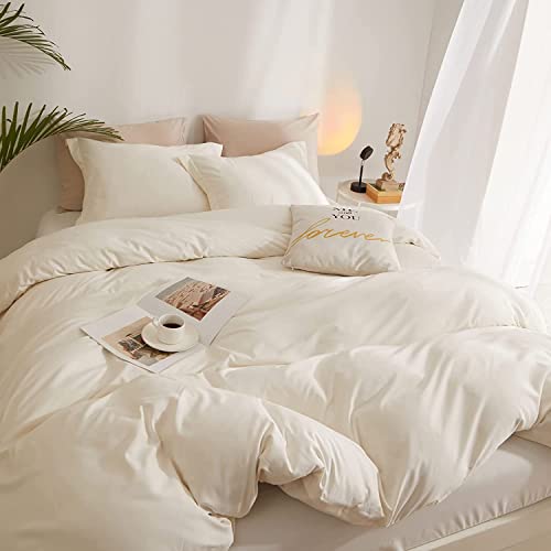Lifetb TBUS10JMC-2Q Cream White Duvet Cover Queen Washed Microfiber Off White Bedding Sets Simple Style Ivory White Comforter Cover With Zipper Closure Modern Soft Solid White Duvet Quilt Cover thumb #1