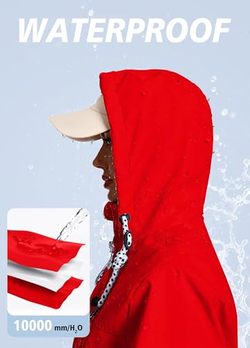 EnduaReve Regenjacke Damen Lang Wasserdicht Atmungsaktiv Regenmantel Übergangsjacke Kapuze Outdoor Jacke Rot S