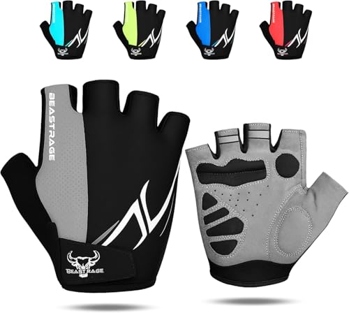 Image of BEAST RAGE Half Finger Cycling Gloves for Men & Women–Padded Anti-Slip Bicycle Gloves,Breathable Mesh Bike Riding Gloves,Shock Absorption,Comfortable Grip & Lightweight Fitness Gloves (Gray, XL)