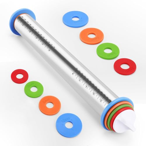 Nudelholz Einstellbares Edelstahl Teigroller Nudelholz mit einstellbarer Teigdicke abnehmbare Ringe in 4 Größen Pizzakuchen Gebäck Nudeln und Keksen 44cm