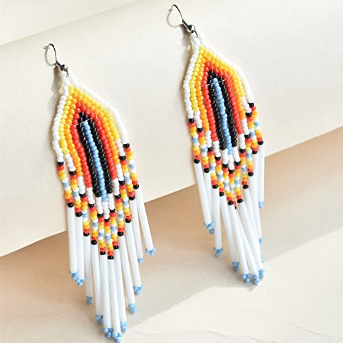 Boho Beaded Earrings For Women Colorful Tassel Beaded Dangle Earrings For Women Long Statement Earrings Long Beaded Tassel Drop Earrings For Teen Girls Summer Earrings For Best Friends(White) #TOP4