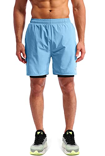 Image of Pudolla Men's 2 in 1 Running Shorts 5 inch Quick Dry Gym Athletic Workout Shorts for Men with Phone Pockets