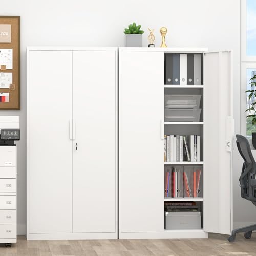 Image of Metal File Cabinet, Office Organizer with Doors and Shelves, 72.05 inch H White Storage Cabinet for Home Office, School, Heavy Duty Locker for File Supplies