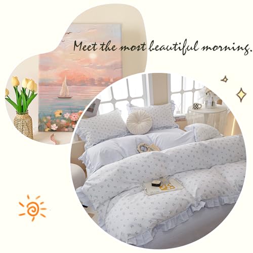 Image of VM VOUGEMARKET Blue Ruffle Duvet Cover Twin 100% Cotton Teen Girls Floral Duvet Cover with Zipper Closure Reversible Romantic Princess Comfroter Cover with 2 Pillow Shams