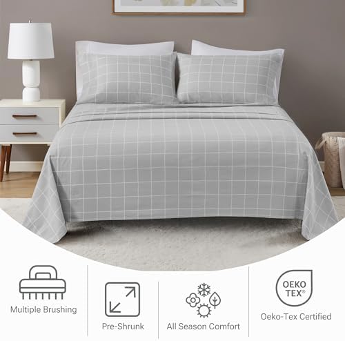 True North by Sleep Philosophy Flannel Sheets Queen Size, Cozy 100% Cotton Flannel Bed Sheets, Ultra Soft Cute Sheet Set, Novelty Print Themed Cold Weather Warm Bedding Set, Grey Windowpane, 4 Piece - Thumbnail 3