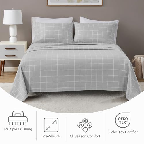 Image of Sleep Philosophy True North Flannel Sheets Queen Size, Cozy 100% Cotton Flannel Bed Sheets, Ultra Soft Cute Sheet Set, Novelty Print Themed Cold Weather Warm Bedding Set, Grey Windowpane, 4 Piece