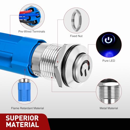 Image of Nilight 12mm Latching Push Button Switch 6pcs LED Blue Waterproof | Small Round Power Button Switches with Pre-Wiring Socket for Car Truck Boat Marine RV Vehicle
