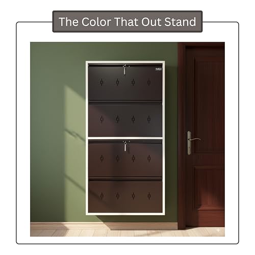 Image of Premium 4 Door Wall Mount Metal Shoe Rack | 30 inch Wide | Fits Size 12 | Dual Lock 2+2 Door Setup (Dark Brown, 4 Door)