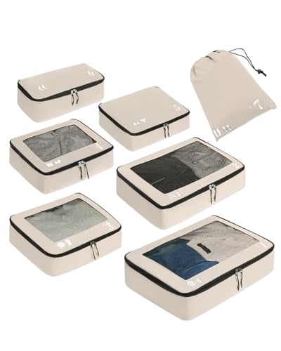 ECOHUB 7 Set Packing Cubes Tear-Resistant Luggage Packing Organizers with Number Icon for Travel Accessories Luggage Suitcase Machine Washable Packing Cubes (Beige)