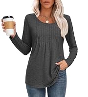 MOLERANI T Shirts for Women UK Round Neck Loose Casual Ladies Long Sleeve Tops Front Pleated T Shirt Grey M