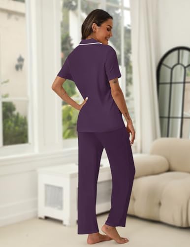 Image of HNG Women Pajamas Set 2 Piece Button Up Pajamas Pant and Short Sleeve Shirt for Woman Pj Sets with Pocket