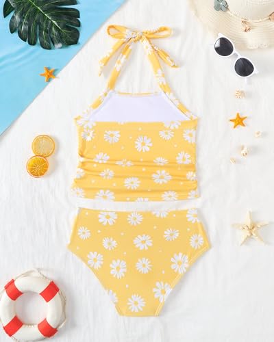 Image of Saeaby Toddler Little Girls Swimsuit Summer Halter Ruched Tankini 2 Piece Bathing Suit for Girl Beach Swimwear 3-8Y