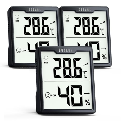 DOQAUS Termómetro digital con higrómetro interior, 3 unidades, con pilas AAA, medidor de temperatura y humedad interior con símbolo de confort, medidor de temperatura para invernadero, bodega, oficina