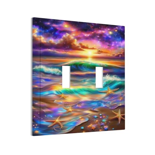 Decorative Switch Covers Plate Colorful Sunset Starfish Beach Shells 2 Gang Wall Plate Oversized Double Toggle Light Switch Plate Wall Cover Plate Faceplate for Bathroom Bedroom Decor