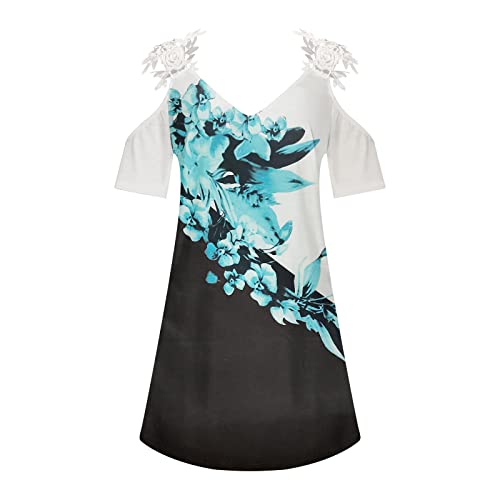 Vestido Camisete de Manga Curta Azul Royal Verão Outono para Meninas Adolescentes Gola V Gráfico Lou