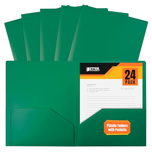 Better Office Products Heavyweight Plastic 2 Pocket Portfolio Folder, Letter Size Poly Folders 24 Pack (Green)