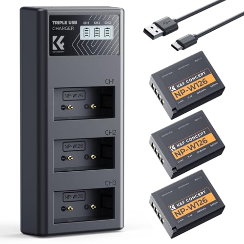 K&F CONCEPT NP-W126 NP-W126S Batterie et Chargeur à Trois Slot Compatible avec Fujifilm XM5, X100VI, X100V, XS10, XT30, XT30 II, XT20, XE4, XE5, A5,X Half(HF1)